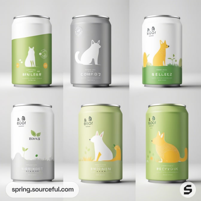 Set of six soda cans with minimalist cat designs on white and green backgrounds.