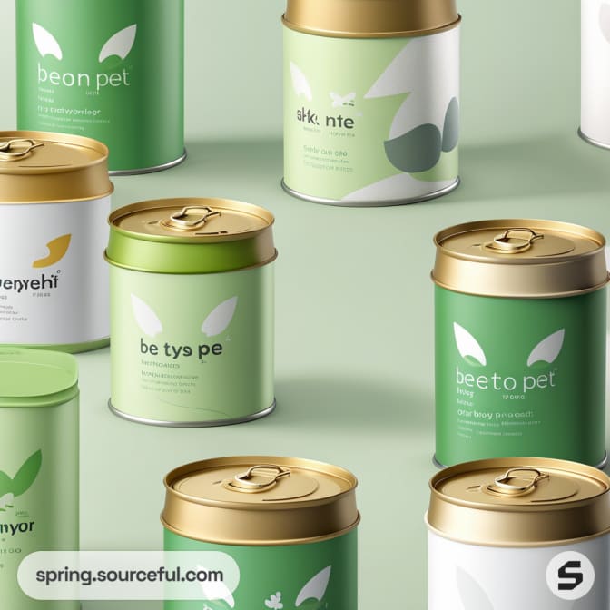 Assorted green and white pet food cans with gold lids on a pale green background.