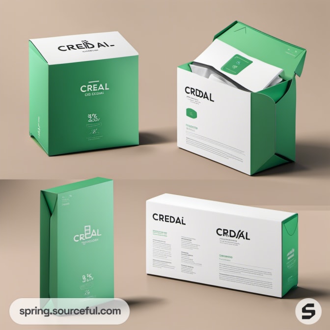 Green and white product packaging with rectangular boxes and minimal design.