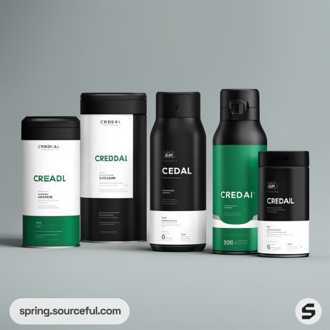 Black and green cylindrical containers with minimalist labels.