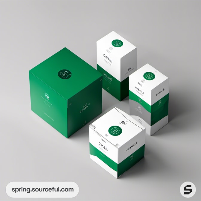Four square packaging boxes in green and white tones.