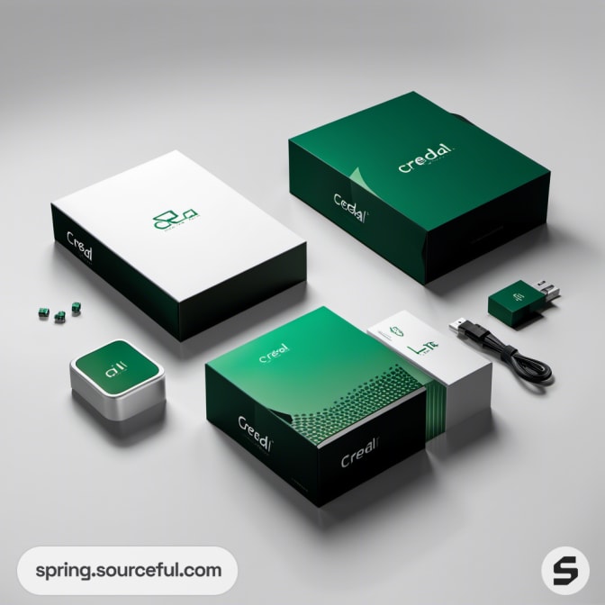 Assorted green packaging boxes and electronic accessories.