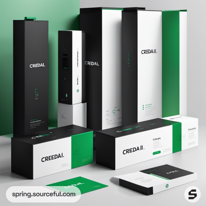 Assorted tall black and green boxes with modern packaging.