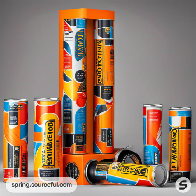 Assorted cylindrical packages with geometric designs in an open orange box.