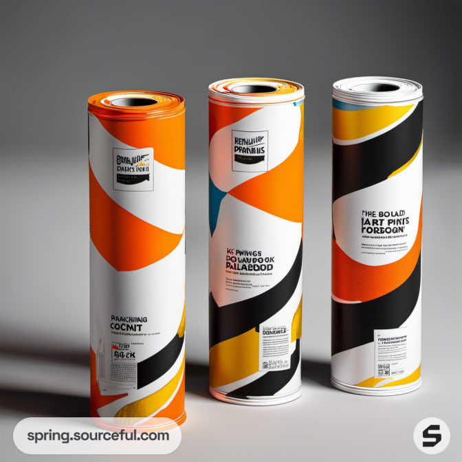 Three cylindrical packages with abstract orange and black swirls.