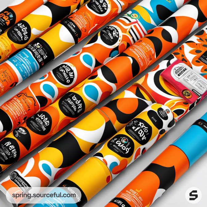 Multiple cylindrical packages with bold geometric patterns in close-up.