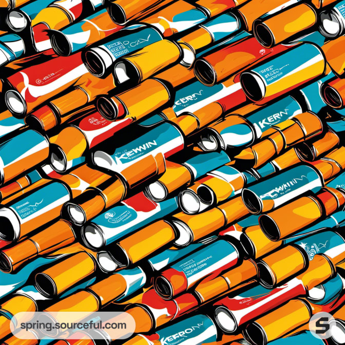 Tightly packed stacked cylindrical packages with vivid geometric designs.