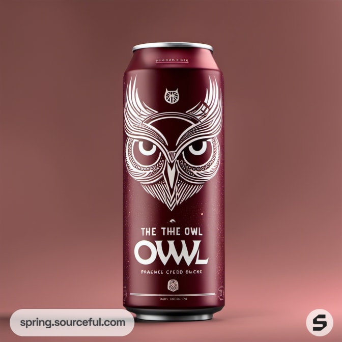 Tall maroon can with intricate owl design on a brown background.