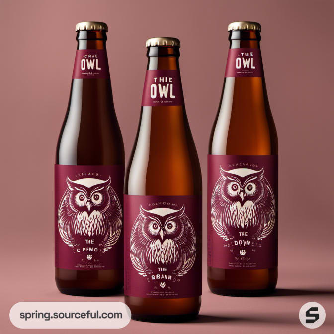 Three brown beer bottles with detailed owl design on maroon labels.