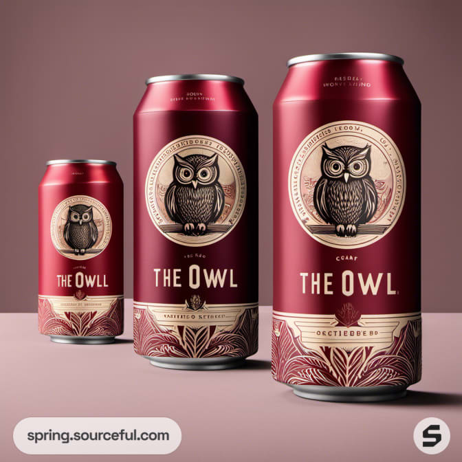 Three red cans featuring a vintage-style owl design on a brown backdrop.