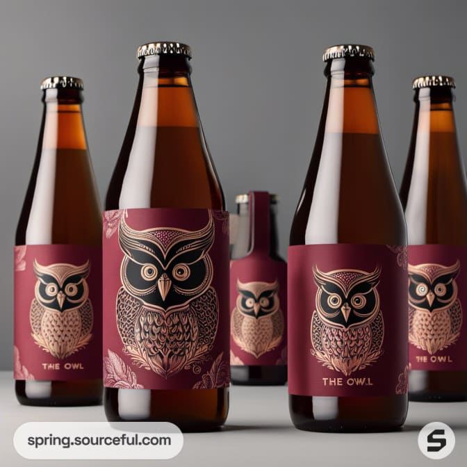 Five dark brown bottles with stylized owl illustrations on maroon labels.