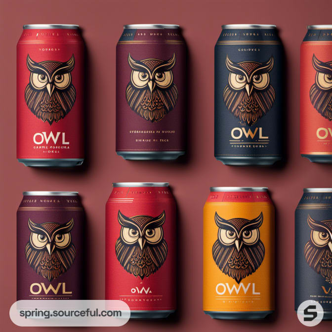 Assorted colored cans with owl illustrations in a grid pattern on maroon background.