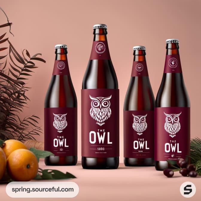 Four brown beer bottles with simplistic owl design on maroon labels amid fruits.
