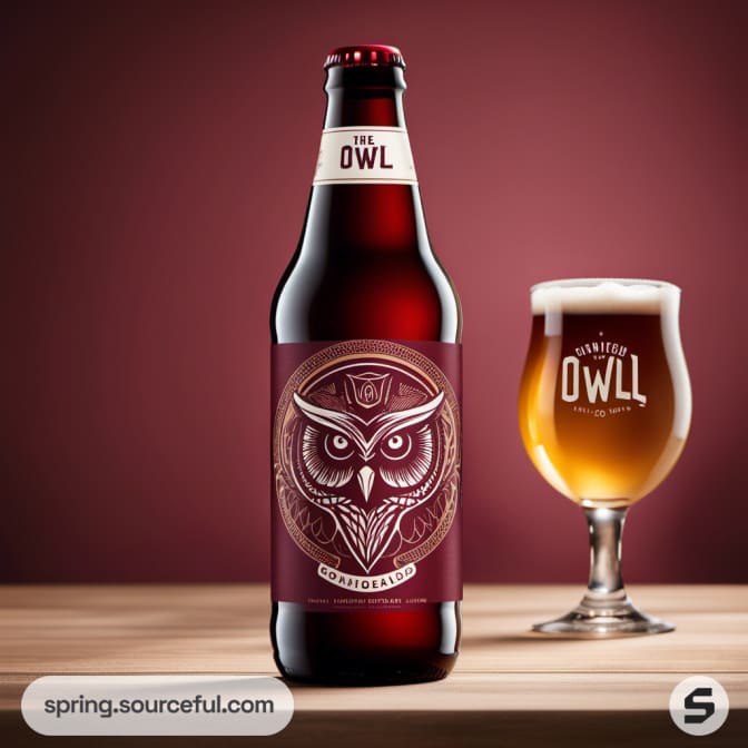 Amber beer bottle with detailed owl design next to a filled glass on a wooden surface.
