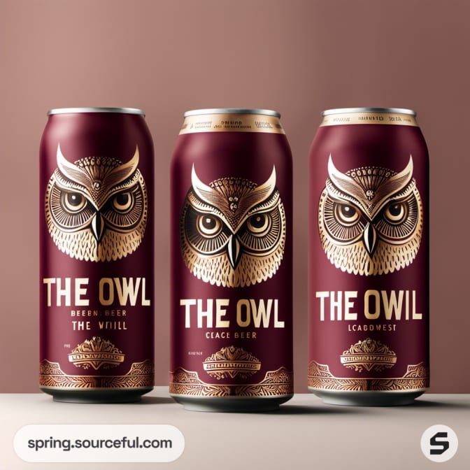 Three maroon beer cans with embossed owl design on a beige backdrop.