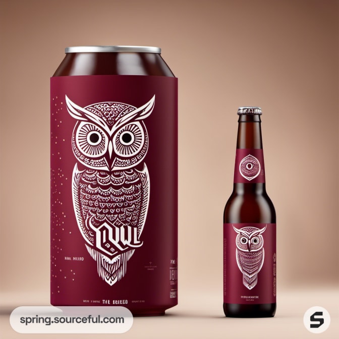 Large and small maroon vessels with minimalist owl illustration on a tan background.