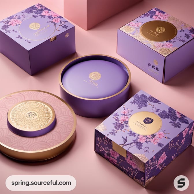 Purple and gold blossom-themed gift boxes with floral patterns.