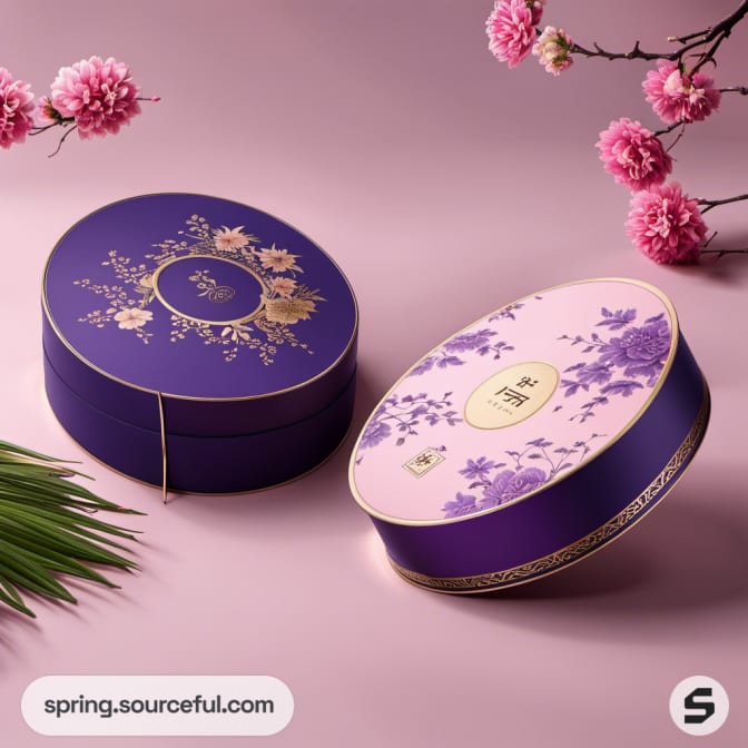 Oval and round purple tins with floral ornaments on pink backdrop.