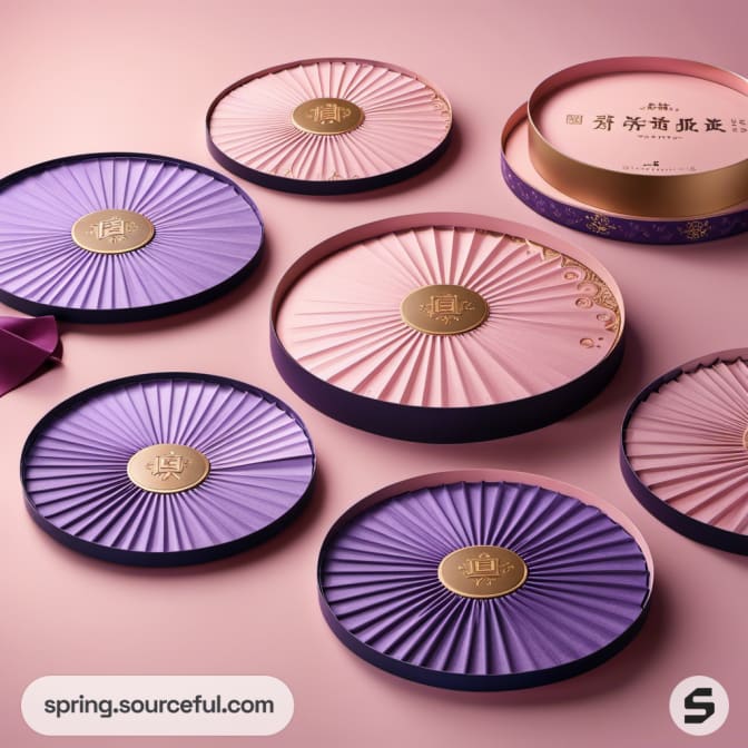 Open purple and pink round boxes with patterned lids and gold emblems.