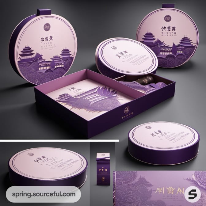 Purple round gift boxes with illustrated scenes and paper fans displayed.