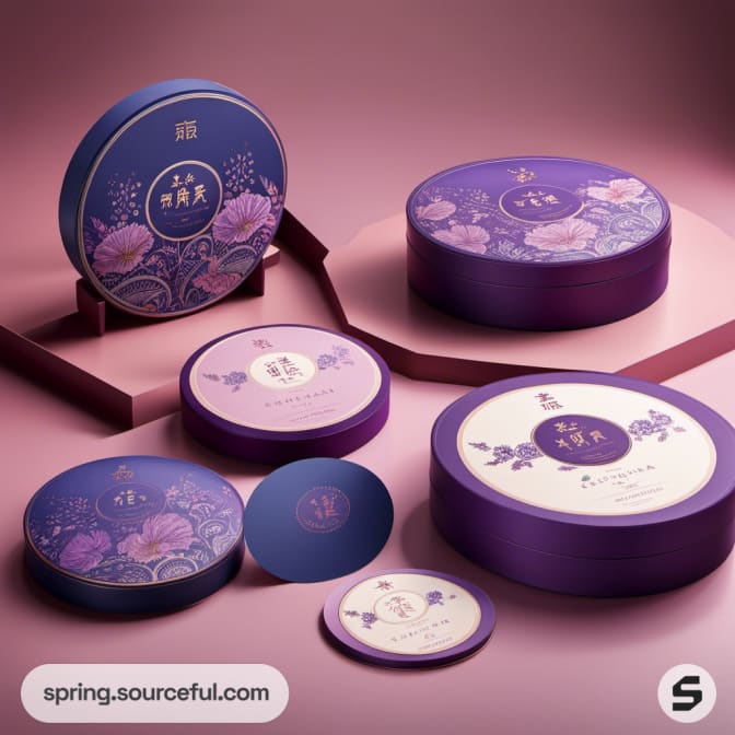Variety of purple round boxes with floral motif against a pink gradient surface.