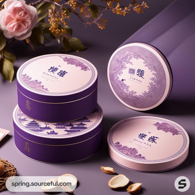 Stacked lavender and purple round tins with scenic illustrations.