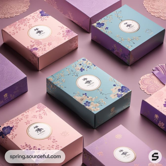 Pastel gift boxes with floral patterns in pink, purple, and blue hues.