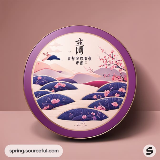 Round tin box with scenic landscape design and purple border.