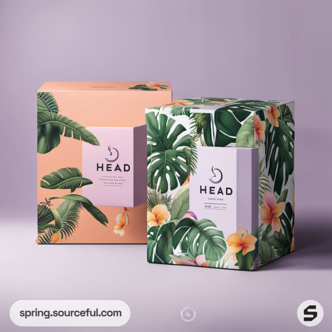 Two boxes with tropical leaf and flower design, one peach, one green.