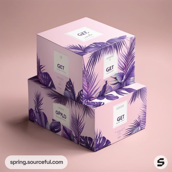 Two stacked boxes with purple leaf design on pink background.