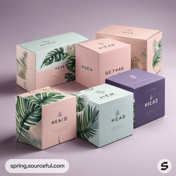 Six boxes with various pastel colors and leaf patterns.