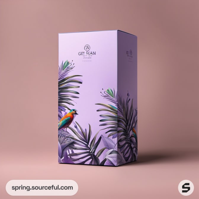 Tall lavender box with bird and leaf design on the side.