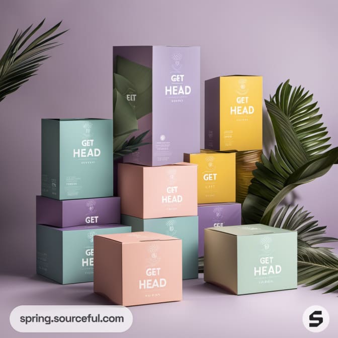 Stacked boxes in pastel colors with black text and tropical leaves.