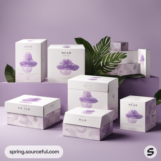 Boxes with purple floral illustrations on lavender background.