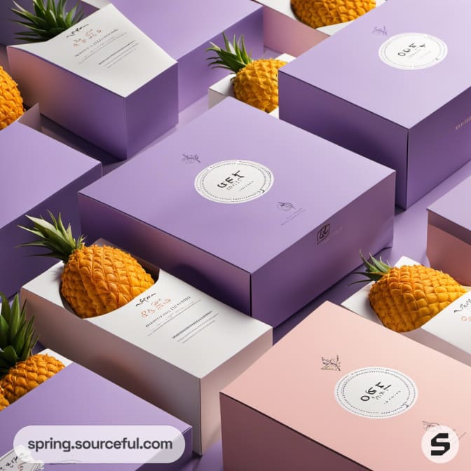 Purple and pastel boxes with pineapples partly inside them.