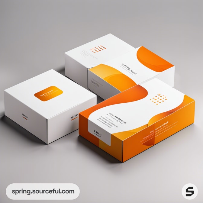 Orange and white mailer boxes with modern geometric design.