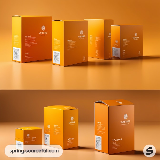 Assorted orange and white cardboard boxes on a brown surface, each with a circular logo and text.