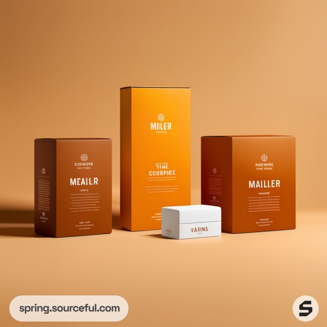 Three brown and orange rectangular boxes with product descriptions, alongside a small white box, on a beige background.