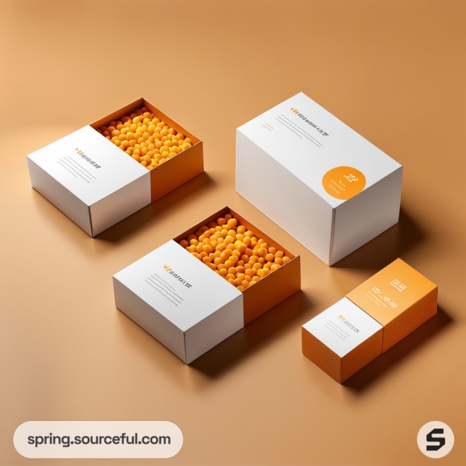 Orange and white rectangular boxes with small round balls inside on a light brown surface.