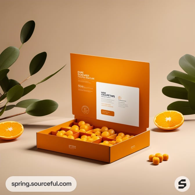 Orange mailer box with citrus-themed design and oranges, containing small orange spheres.