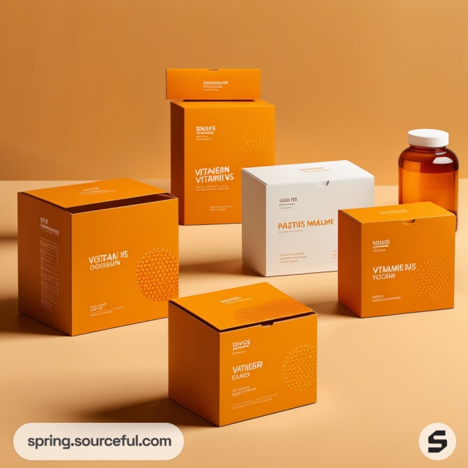 Orange and white skincare boxes with a bottle on an orange background.