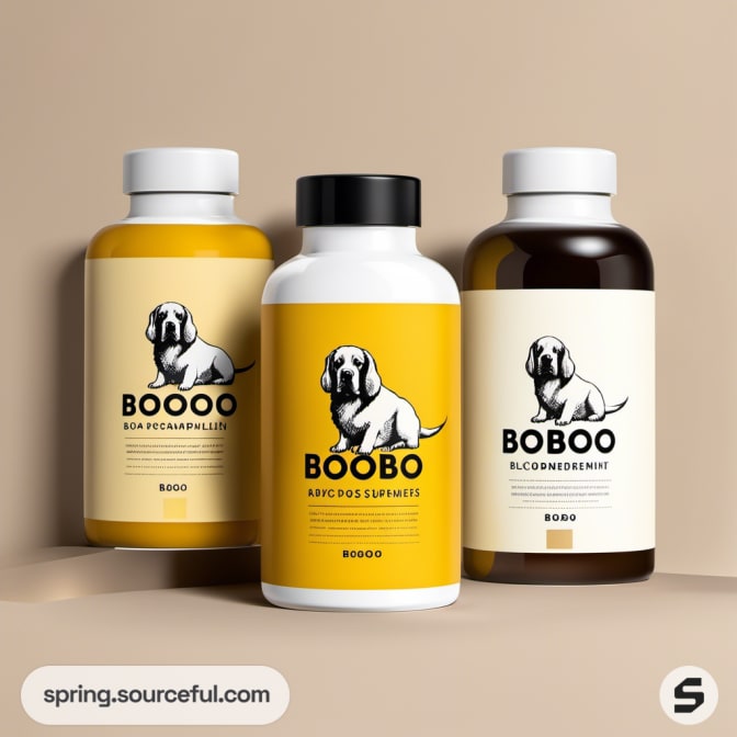 Three bottles with dog image, yellow and white design.