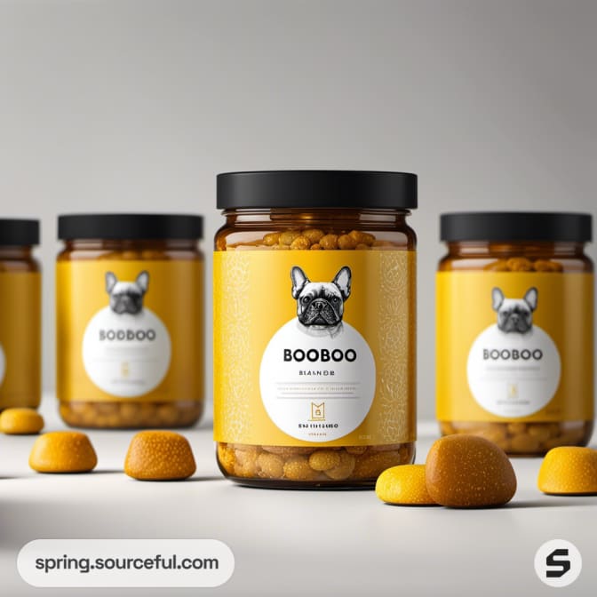 Jars with dog image, yellow lid, scattered treats.