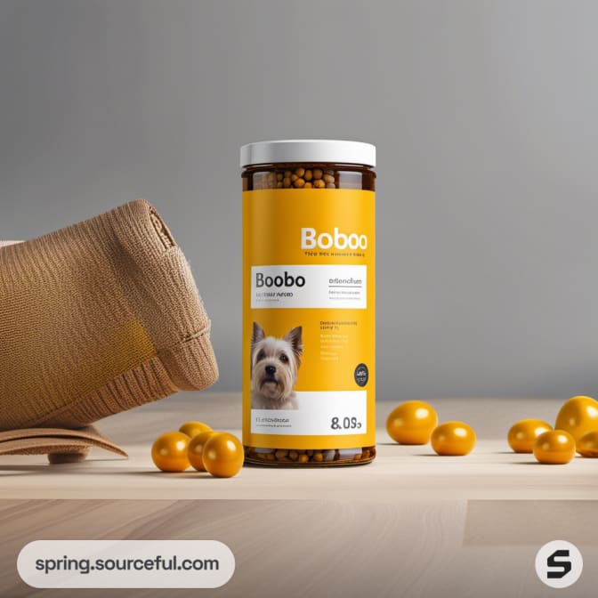 Tall jar with dog photo, yellow label, scattered treats.