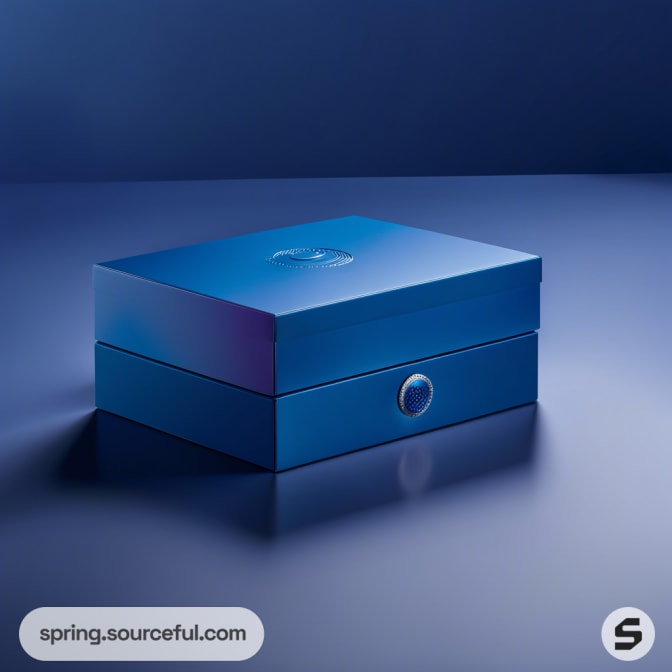 Sleek blue rectangular box with a circular emblem on a smooth surface.