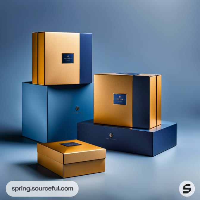 Stacked elegant gift boxes in blue and gold with a smooth finish and minimalist design on a blue background.