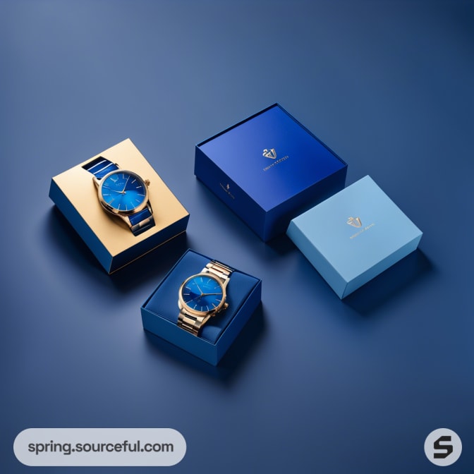 Two gold wristwatches with blue faces in blue and gold boxes on a blue background.