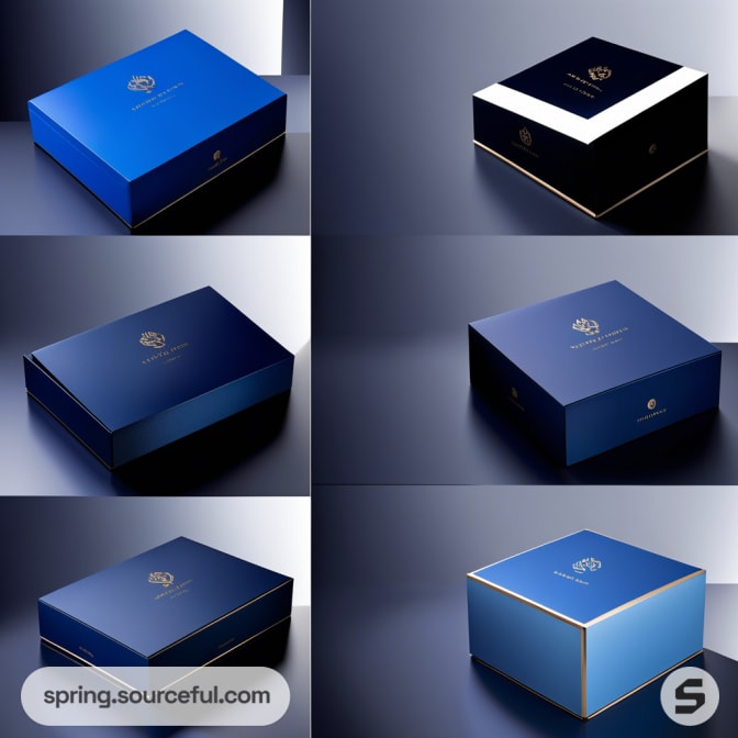 Six luxury gift boxes in shades of blue and gold, displayed on a dark gradient background.