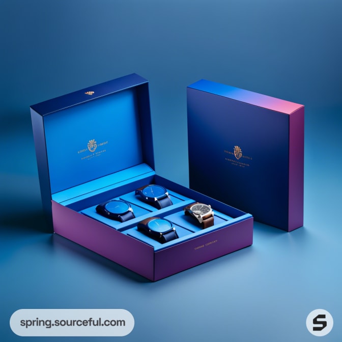 Luxurious gradient blue and purple watch box set with four watches, displayed on a blue background.