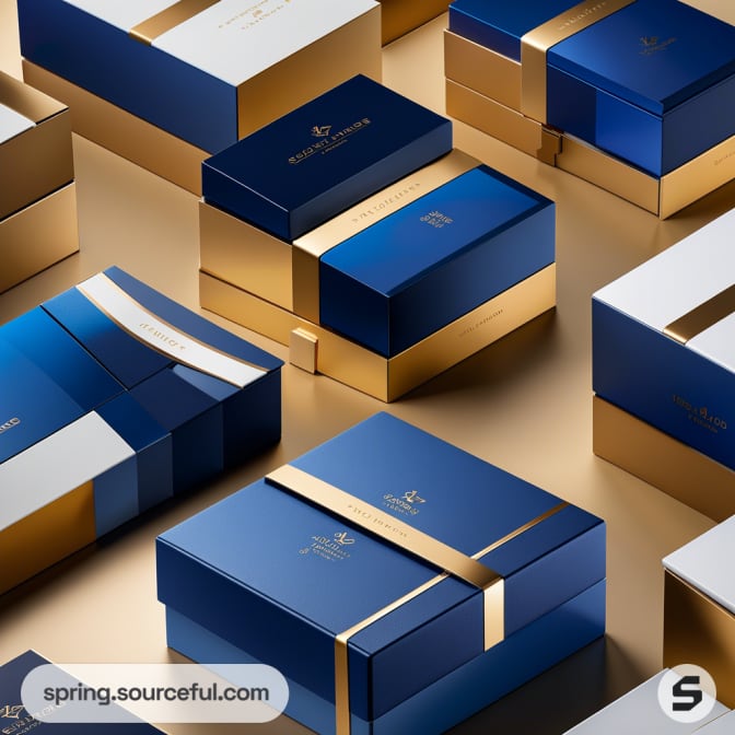 Blue and gold luxury gift boxes arranged on a golden surface.